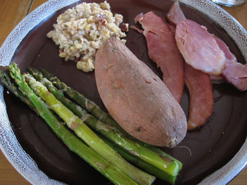 Sweet potato, asparagus, ham and rice
